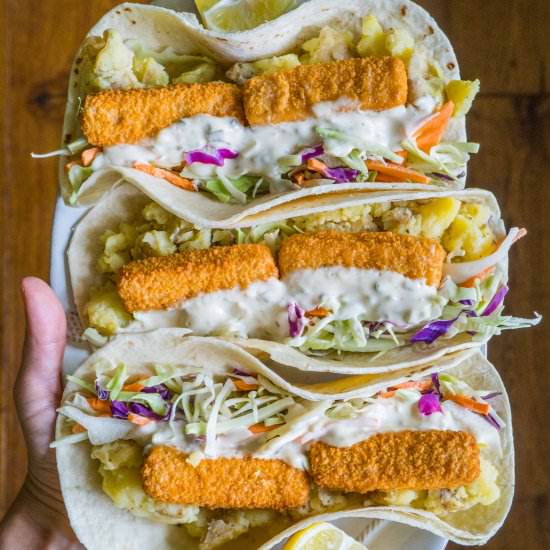 “Fish” & Chip Tacos w Tartare Slaw