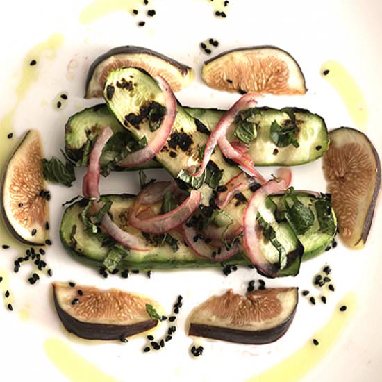 Charred cucumber and pickled onions