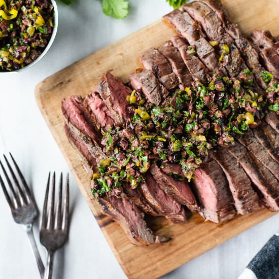 Grilled Flank Steak w/ Olive Relish