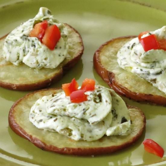 Potato Crostini with Pesto Cheese