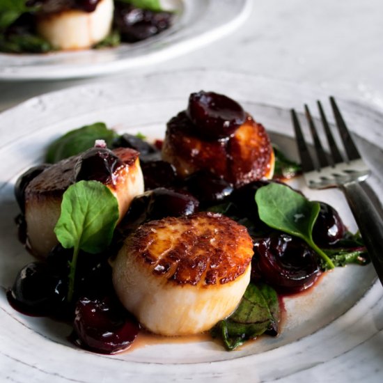 Scallops with Cherries & Greens