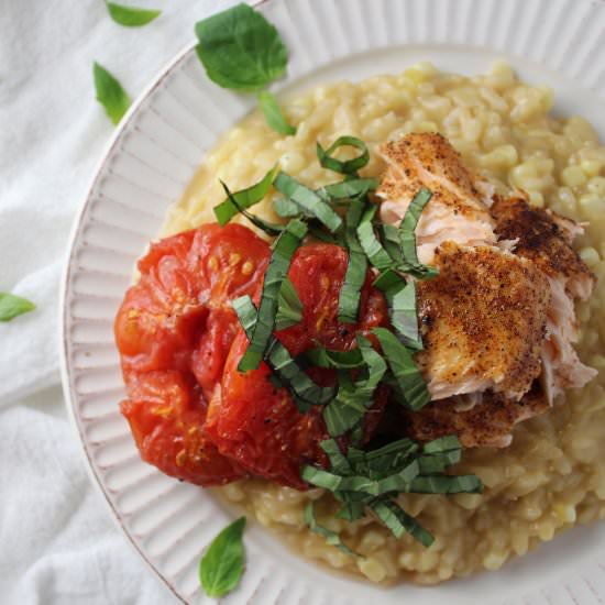 Corn Risotto with Roasted Salmon