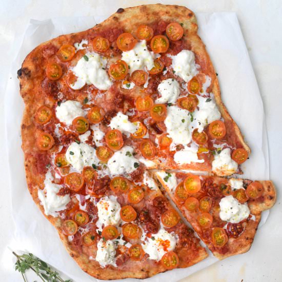 Pizza w/ Tomatoes, Burrata, + Chiles