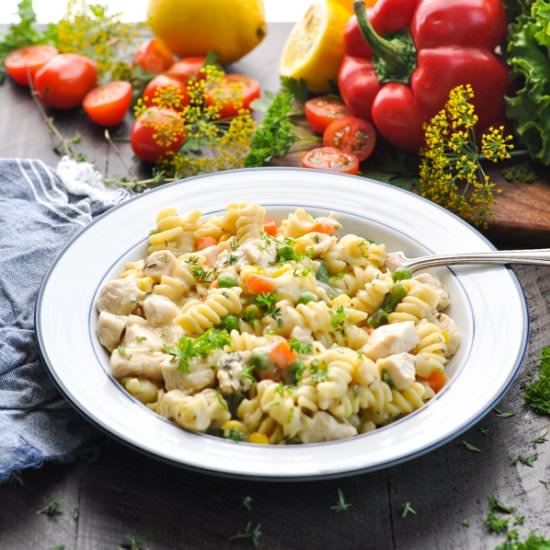 Dump and Bake Chicken Pot Pie Pasta