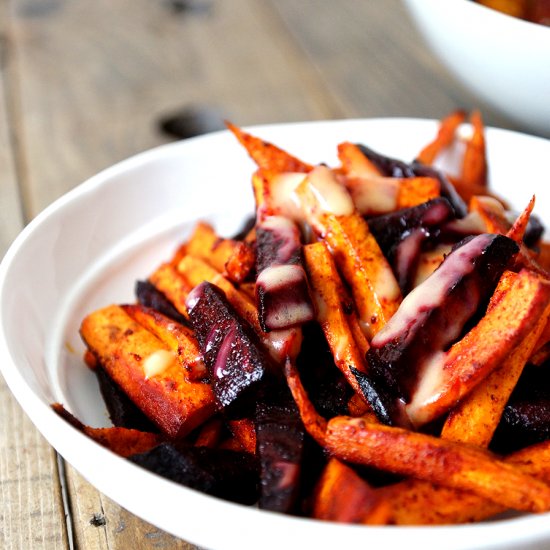 ROASTED BEET AND SWEET POTATO FRIES