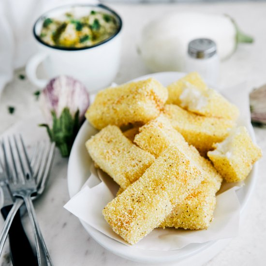 Fried polenta with baba ganoush