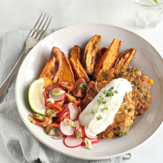 Sweetcorn & yellow pea fritters