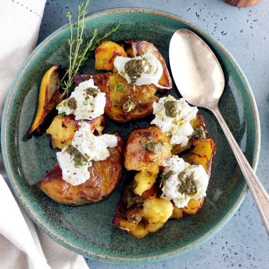 Smashed Lemony Potatoes and Burrata