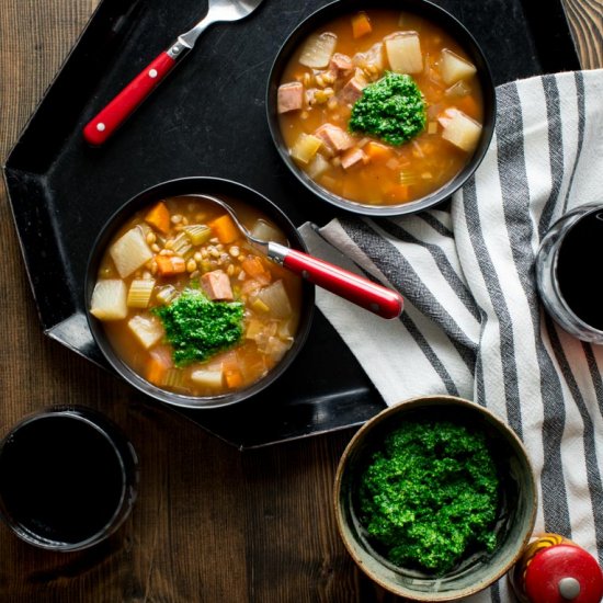 ham barley soup with spinch pesto