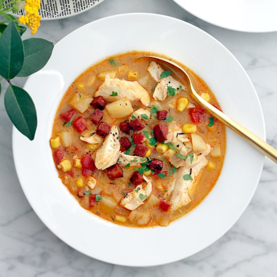 Fish Chowder with Chorizo and Corn