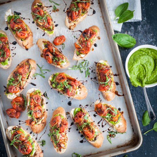 Pesto and goat cheese bruschetta