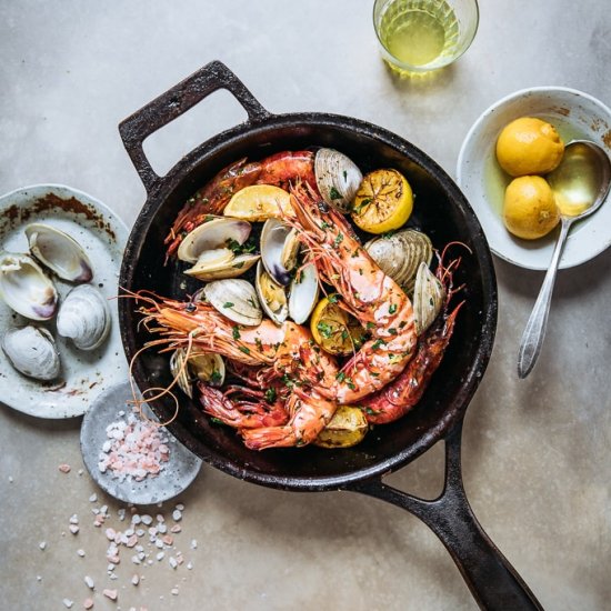 Roasted Colossal Prawns with Clams