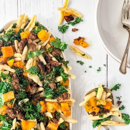 Squash, kale and sausage pasta