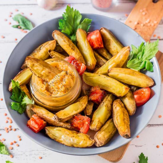 Oven-Baked Fries with Lentil Hummus