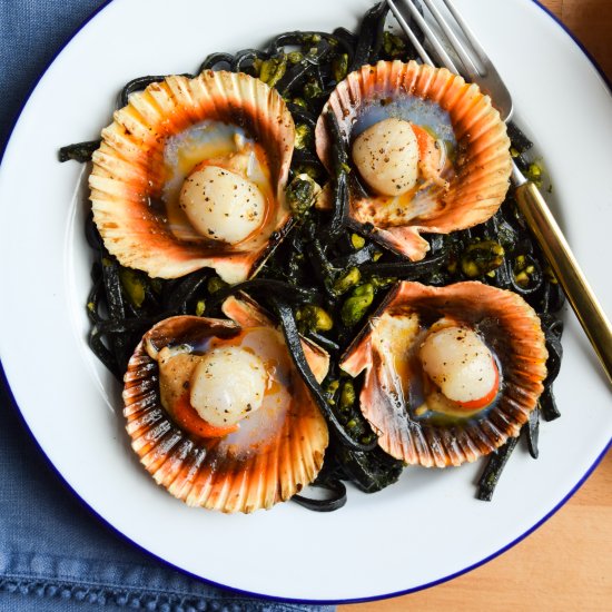 Scallops with Squid Ink Spaghetti