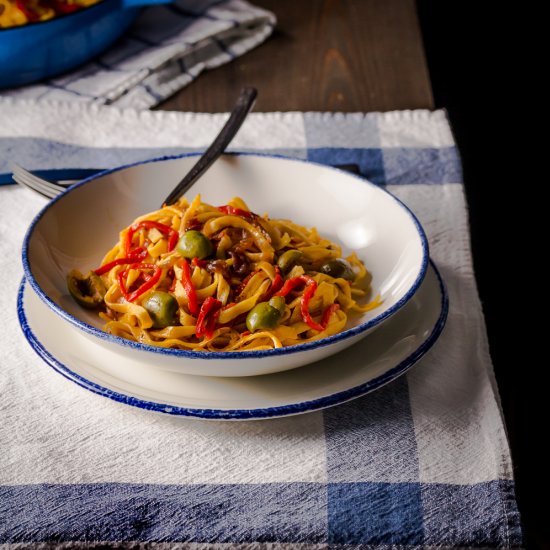 Roasted Red Pepper Pasta & olives