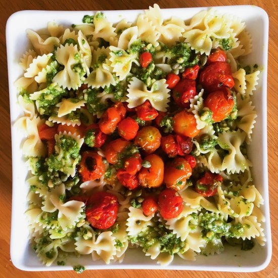 Blistered tomato farfalle and basil