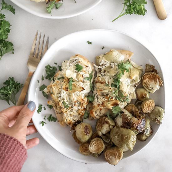 One Pan Cheesy Artichoke Chicken