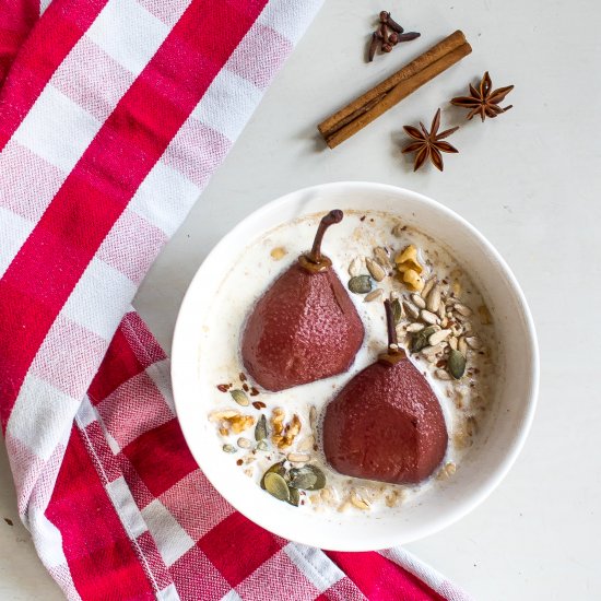 Overnight oats with poached pears