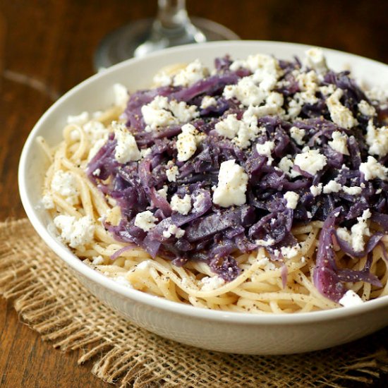 Spaghetti with Red Cabbage and Feta