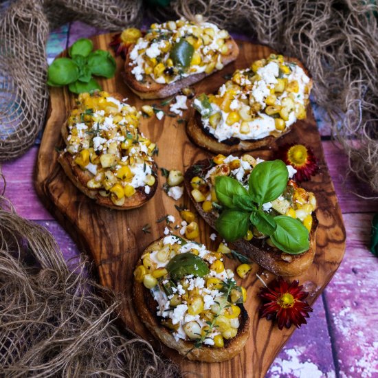 Charred Corn Sweet Pepper Crostini