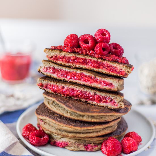 Raspberry Chia Jam Stuffed Pancakes