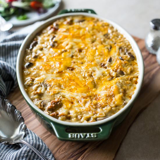 Cheesy Spicy Sausage Rice Bake