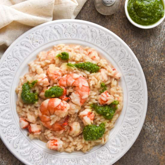 Risotto with prawns and pesto