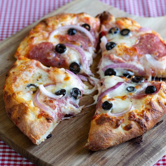 Salami, Olive and Red Onion Pizza