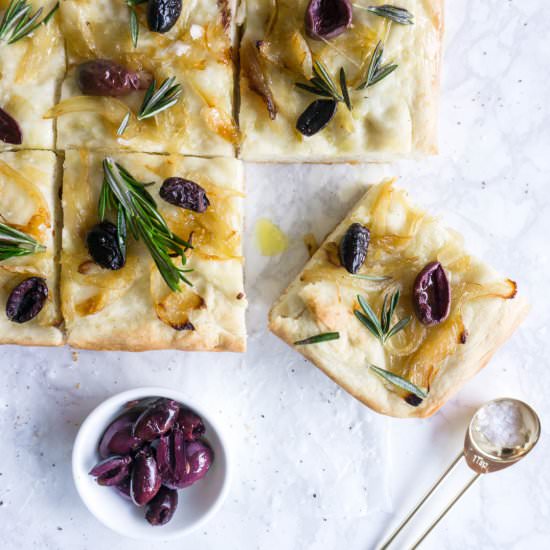 Focaccia with olives and onions