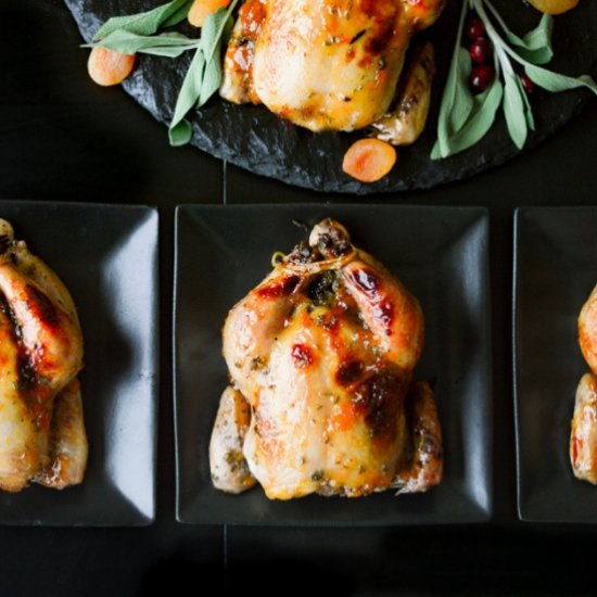 Apricot Glazed Stuffed Cornish Hens