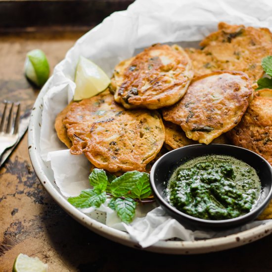 Pan Fried Pakora with Green Chutney