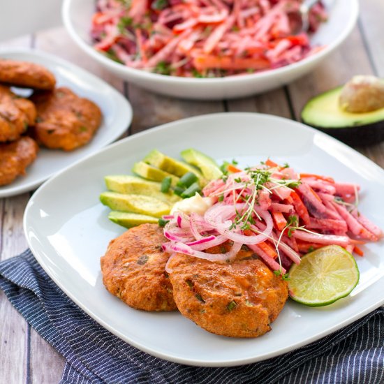 Salmon & Beet Burgers With Pink Slaw