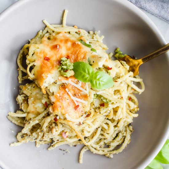 Cheesy Pesto Spaghetti Pie