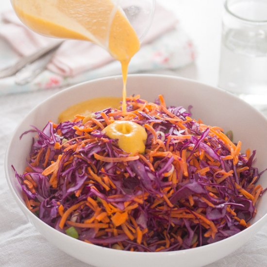 Red Cabbage Slaw and Peach Dressing