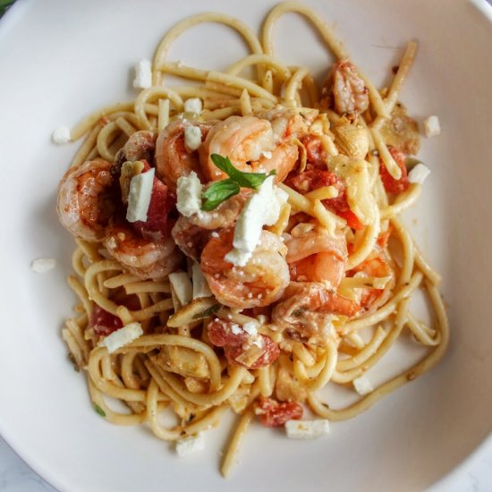 Shrimp, Artichoke, & Feta Fettucine