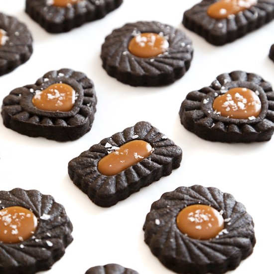 Dark chocolate caramel thumbprints