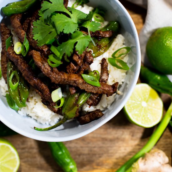 Beef-Shishito Stir Fry Rice Bowls