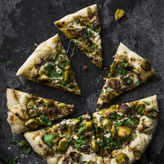 cast iron brussel sprout pizza