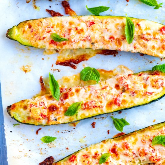 Cheesy Red Pepper Stuffed Zucchini