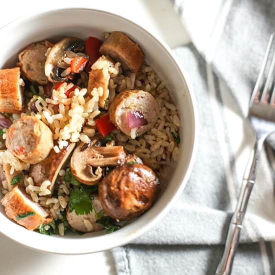 Sausage, brown rice veggie bowl