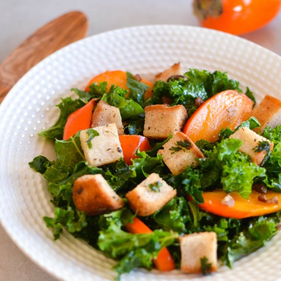 Kale Persimmon Salad with Croutons