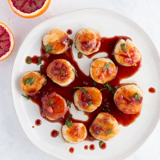 Blood Orange & Miso Glazed Scallops