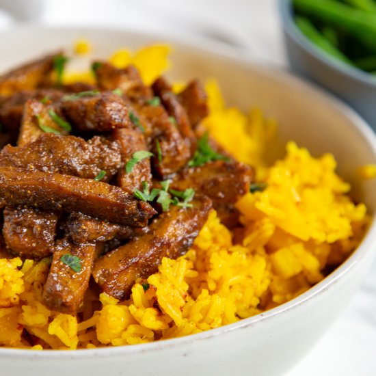 Curry Seitan with Pineapple Rice