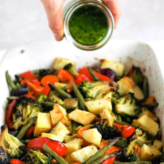 One-Tray Pesto Roasted Rainbow Veg