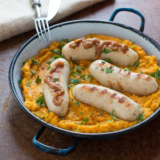 White sausages with sweet potatoes