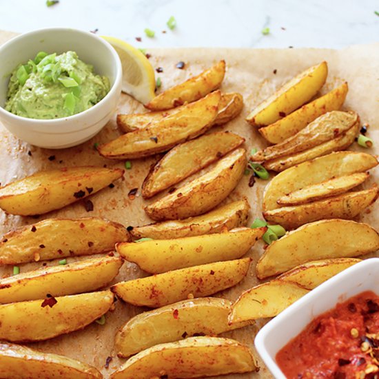 Potato wedges, avocado dip + salsa