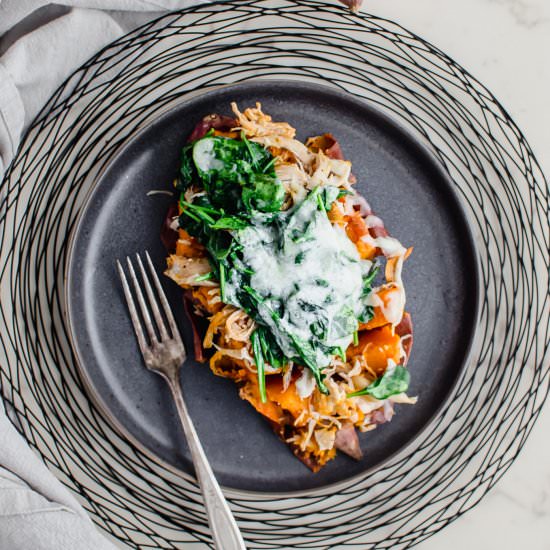 Buffalo Chicken Sweet Potatoes