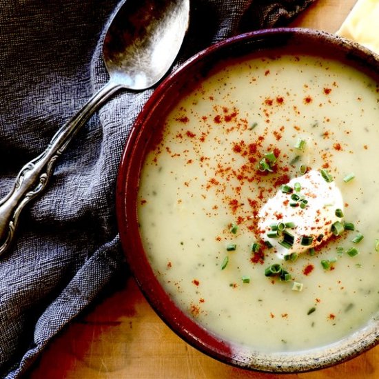 cheesy, smashed garlic potato soup