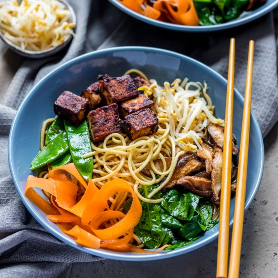 Vegan ramen with miso-glazed tofu